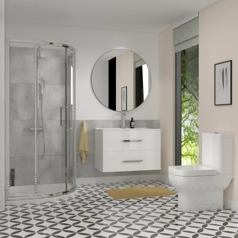 Bathroom Shower Suite in White with Wall hung vanity and toilet
