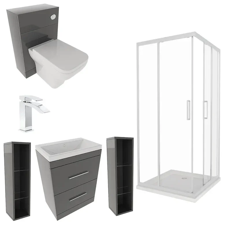 Patello Grey Shower Suite 1000 Vanity Storage Corner Shower BTW Toilet
