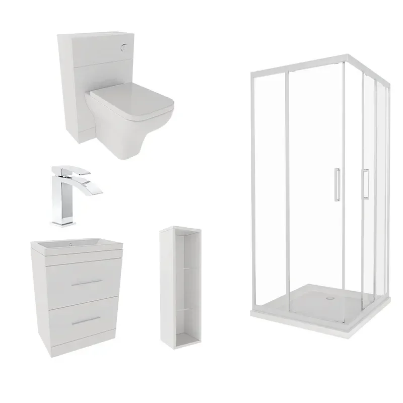 Patello White Shower Suite 1400 Vanity Storage Corner Shower Toilet Unit Pan