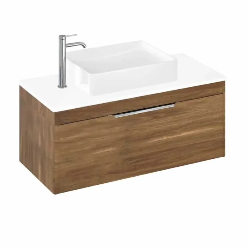 Britton Shoreditch Wall Hung Double Drawer 1000mm Vanity Unit with Quad Countertop Basin Caramel