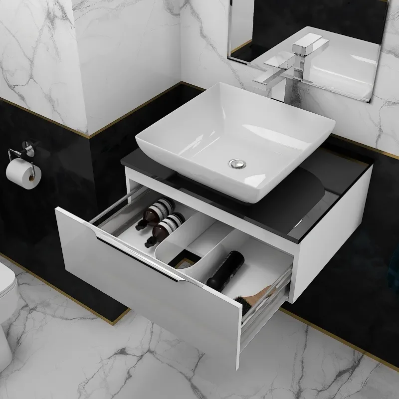 SMALL, WHITE, WALL HUNG, VANITY UNIT, COUNTER TOP BASIN, GOLD HANDLES