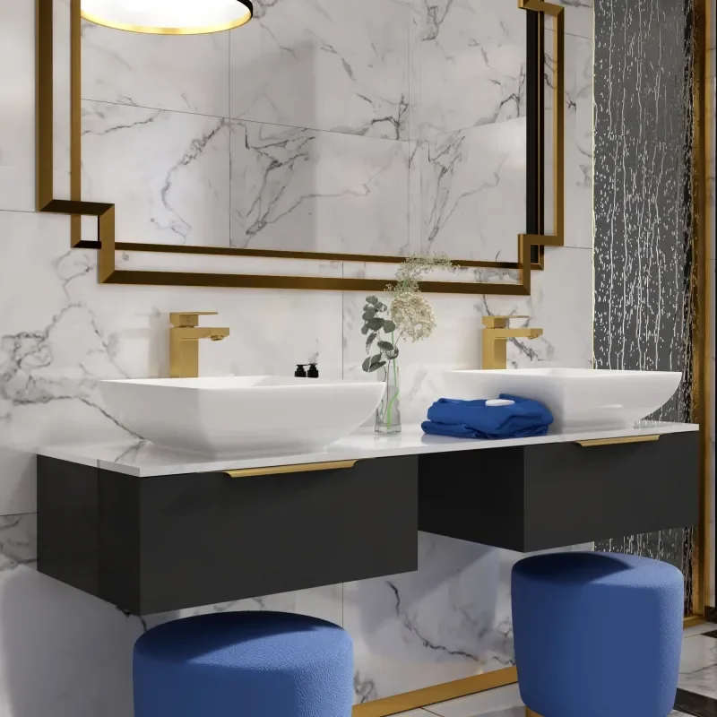 LARGE, GREY, VANITY UNIT, DOUBLE COUNTERTOP BASIN, GOLD HANDLES