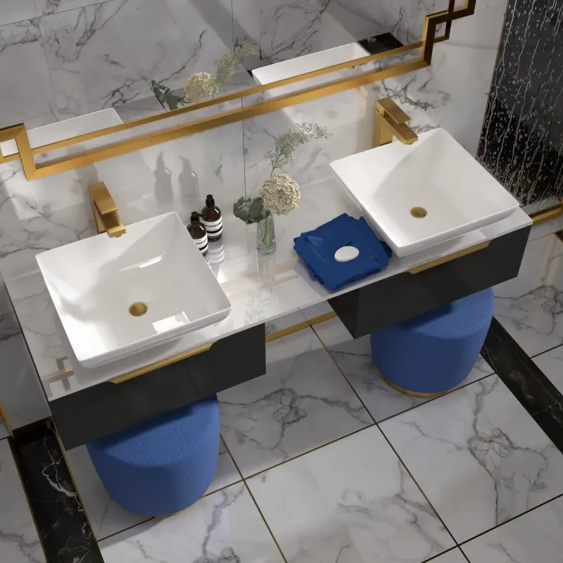 LARGE, GREY, VANITY UNIT, DOUBLE COUNTERTOP BASIN, GOLD HANDLES