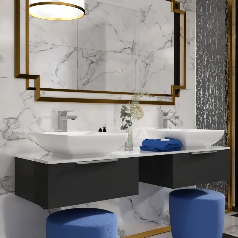 LARGE, GREY, VANITY UNIT, DOUBLE COUNTERTOP BASIN, GOLD HANDLES