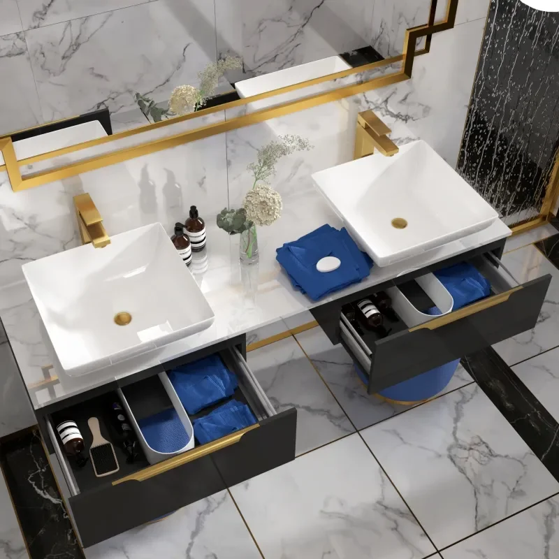 LARGE, GREY, VANITY UNIT, DOUBLE COUNTERTOP BASIN, GOLD HANDLES