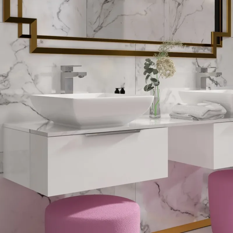 Shows Front view of Large Jivana Double White Sink Unit with White Glass Worktop