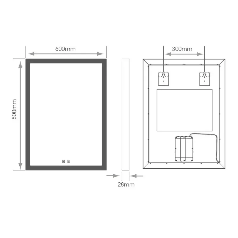 Line Drawing showing dimensions for Sycamore LED Bathroom Mirror with Demister