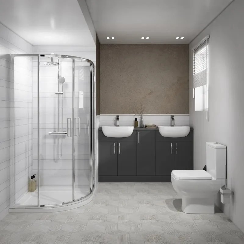 Product image for Oliver Shower Suite 1500 Fitted Furniture Double Basin Vanity Unit & Storage with Toilet and Quad Shower Enclosure