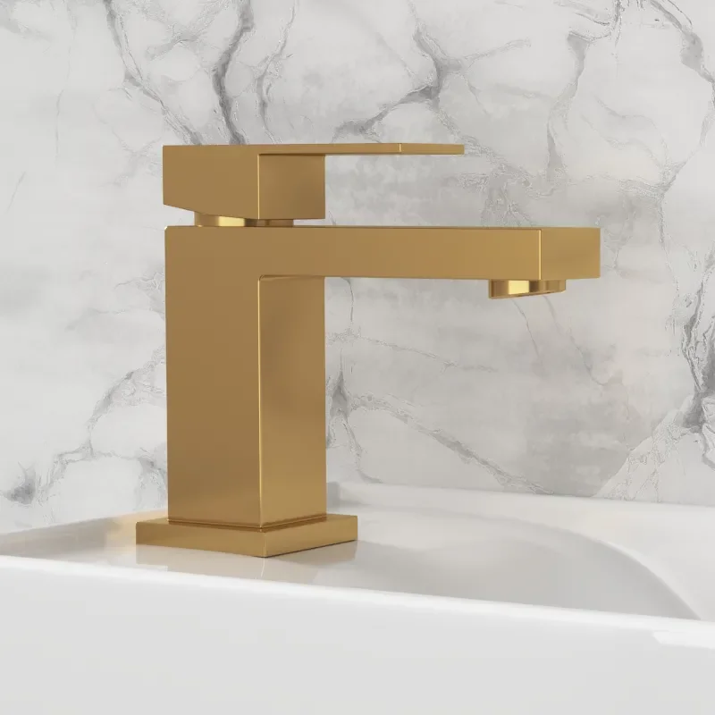 Angled Top View of Small Basin with Gold Mixer Tap and Gold Click Waste