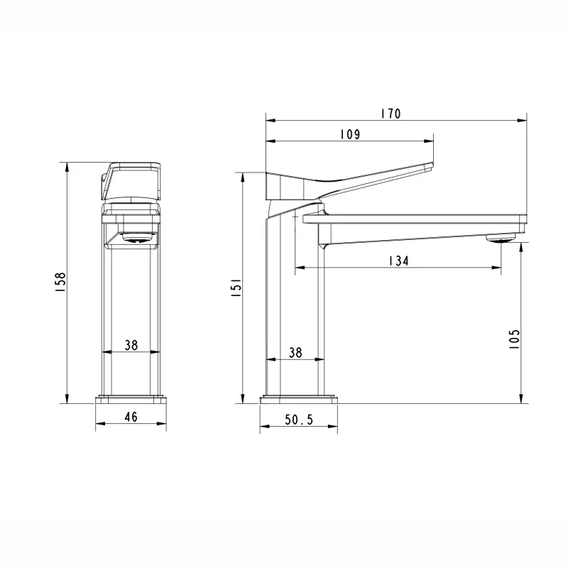 tech drawing of just taps brushed gold  single lever 