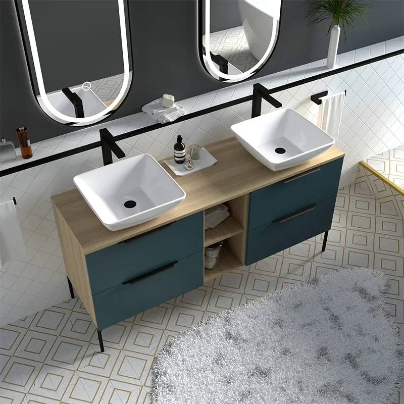 Alani 1500 Petrol Blue Double Vanity Unit with Shelves