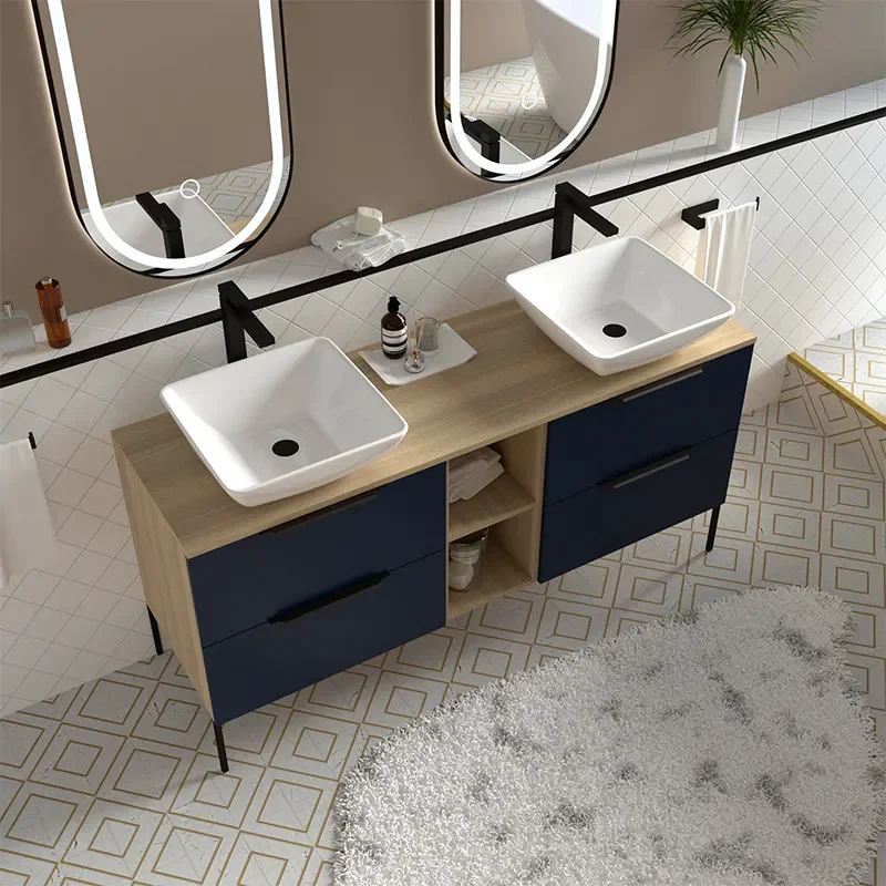 Alani 1500 Navy Blue Double Vanity Unit with Shelves