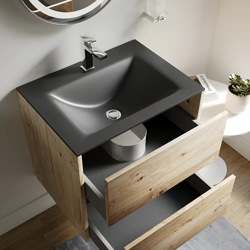 Akron Oak 600 Vanity Black Sink Unit