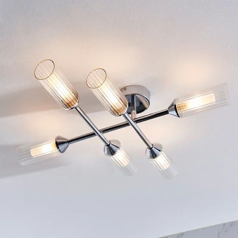 Multi arm glass Semi flush Light: 6 Bulb