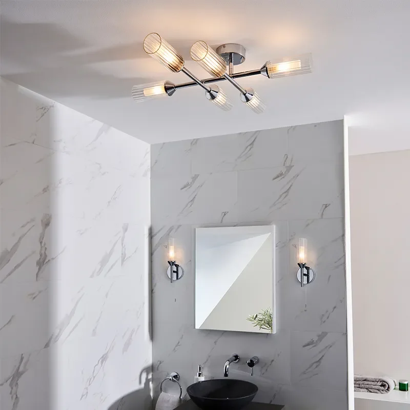 Multi arm glass Semi flush Light: 6 Bulb