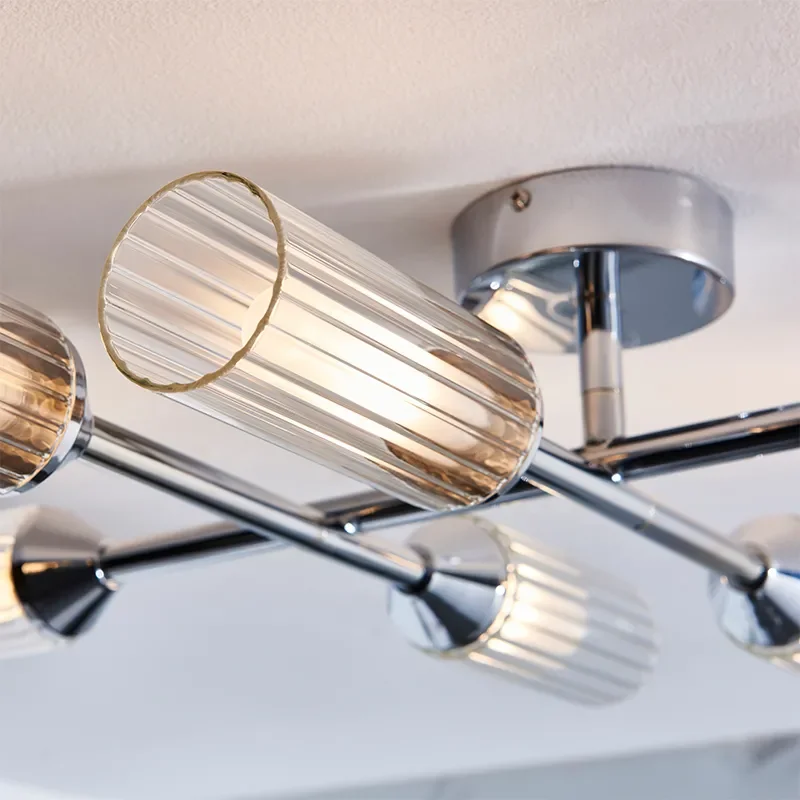 Multi arm glass Semi flush Light: 6 Bulb