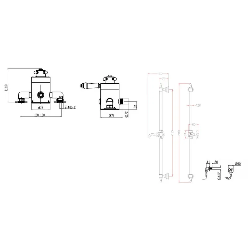 Technical Drawing for Traditional Thermostatic Shower