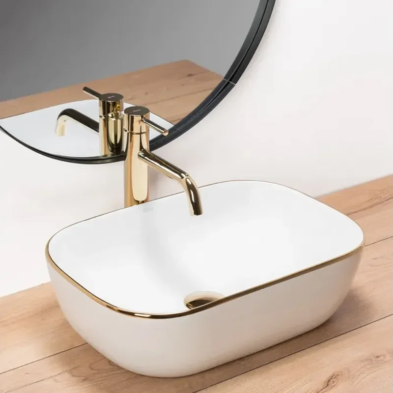 Bodine White Countertop Basin with Gold Edge
