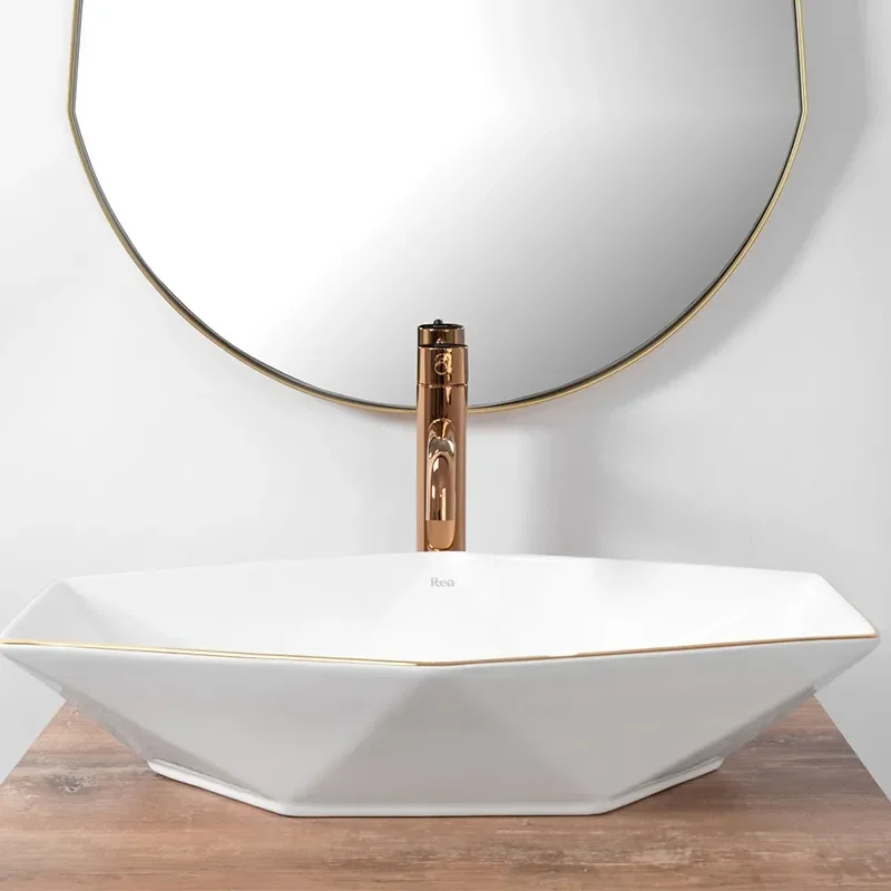 Image for REA Brett White Countertop Basin with Gold Edge