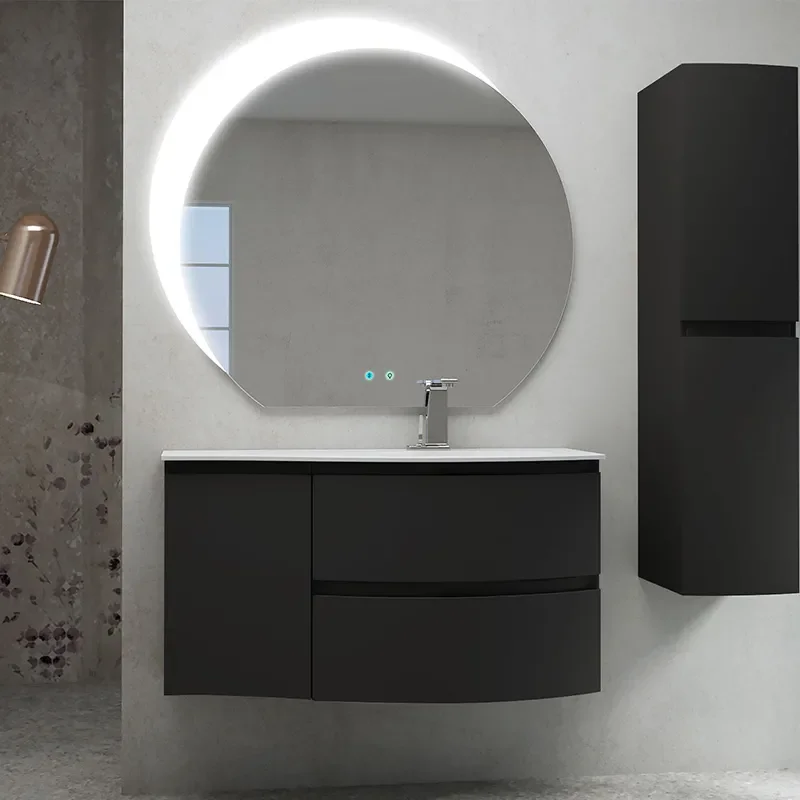 Front Lifestyle image of Baden Haus Vague Curved Vanity Unit with Mirror and Tallboy