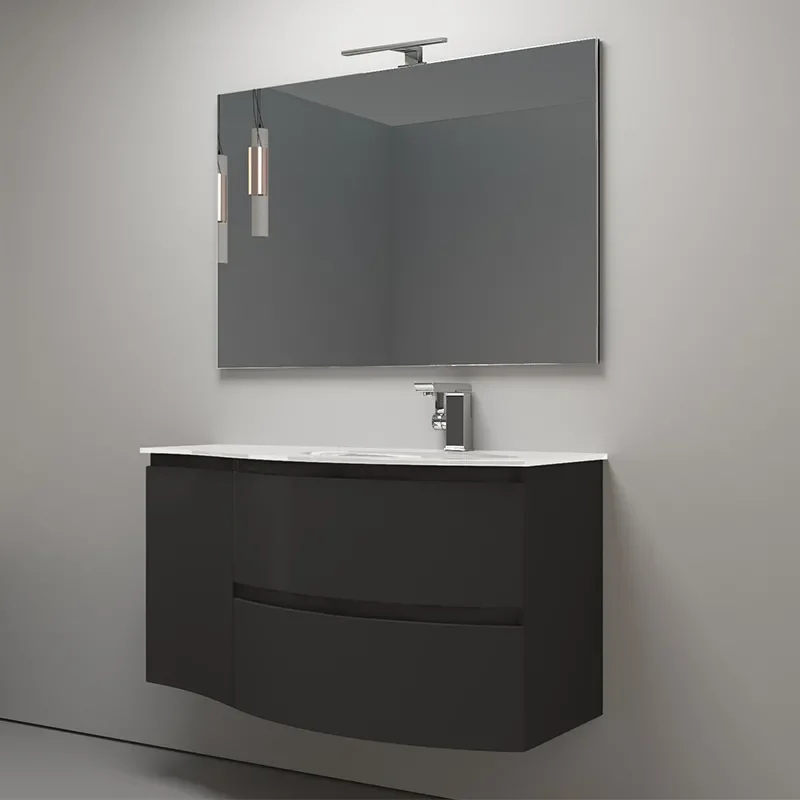 Angled Lifestyle Image of Graphite Curved Baden Haus Vanity Unit with Mirror
