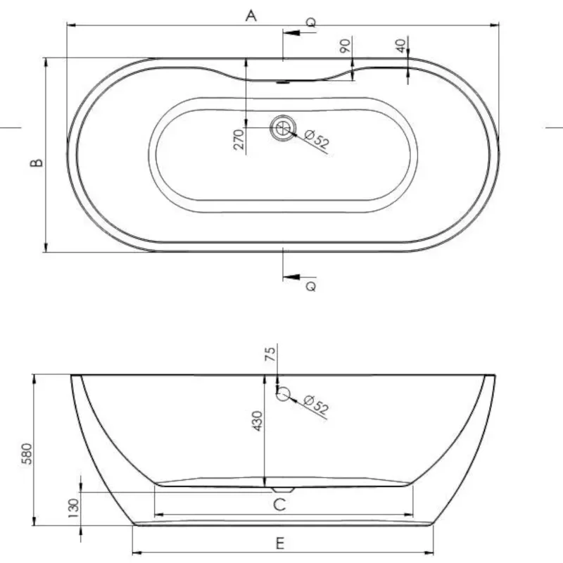 Technical Drawing for Alani Double-ended Freestanding Large Bath