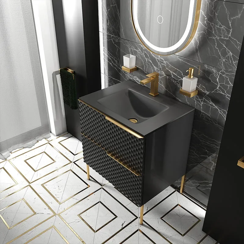 Elvia 600mm Black Vanity Unit with Black Basin, Gold Handles & Legs