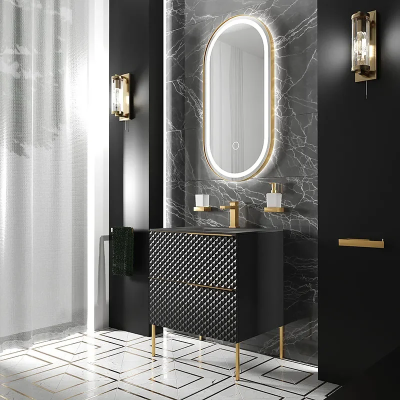 Elvia 600mm Black Vanity Unit with Black Basin, Gold Handles & Legs
