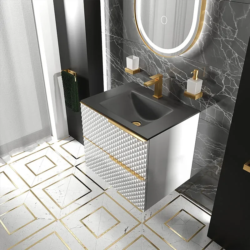 Elvia 600mm White Vanity Unit with Black Basin, Gold Handles & Legs
