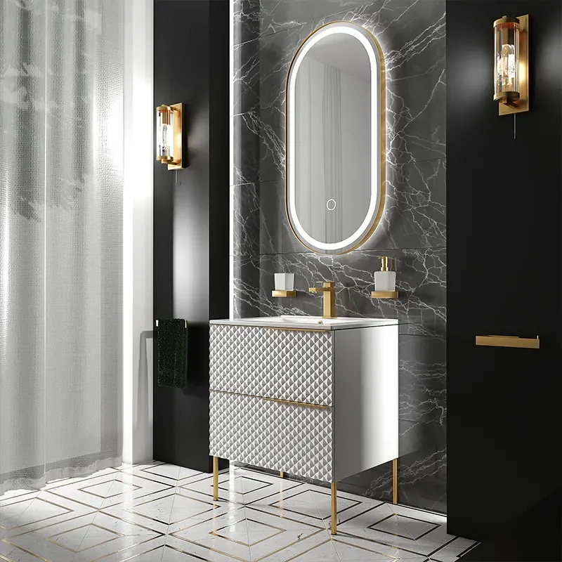Elvia 600mm White Vanity Unit with White Basin, Gold Handles & Legs