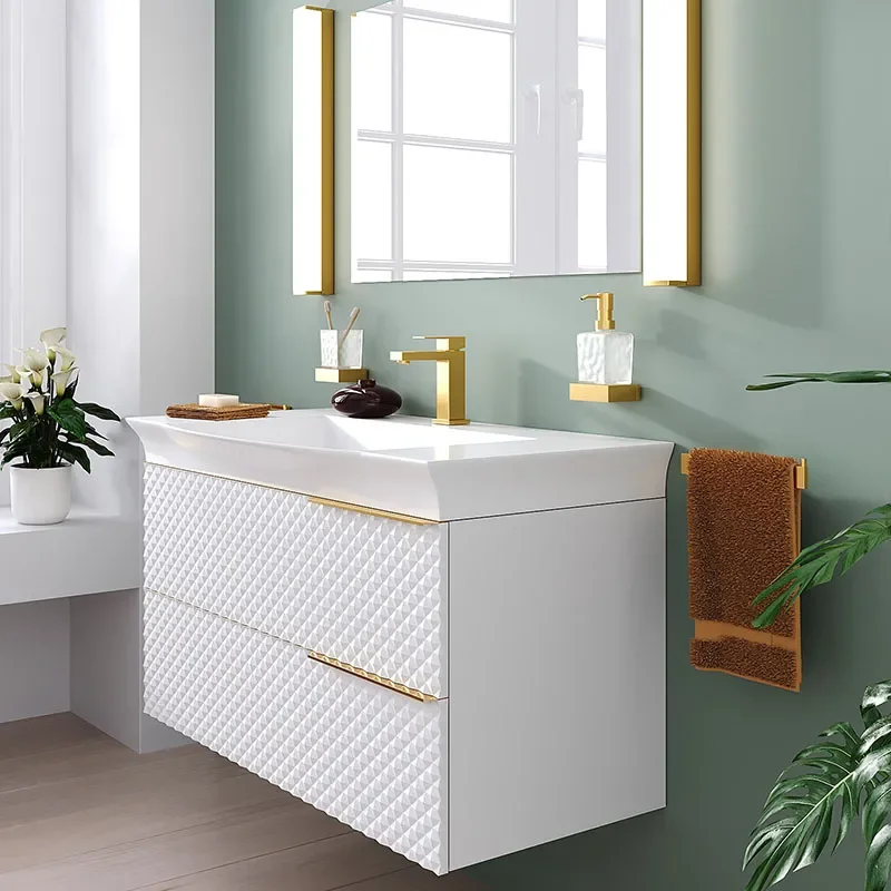 Elvia 950mm White Vanity Unit with White Basin, Gold Handles