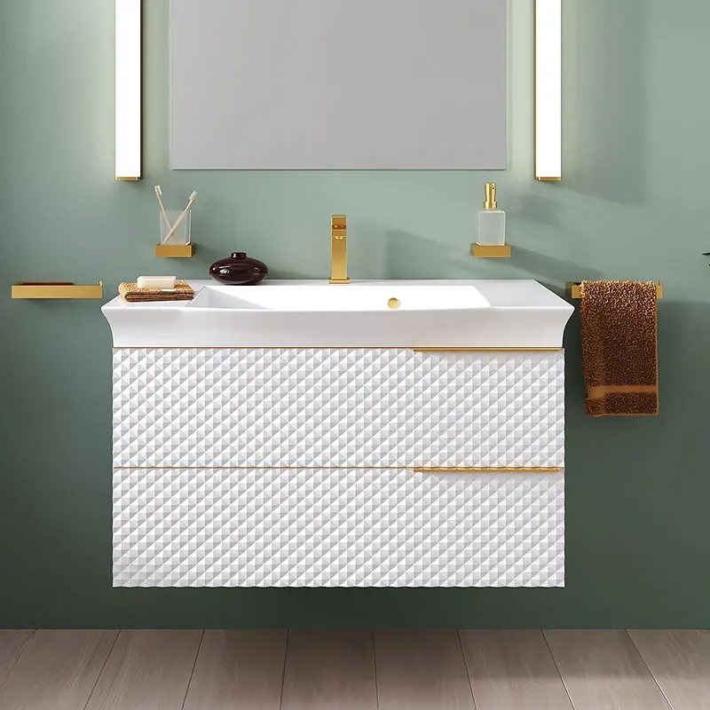 Elvia 950mm White Vanity Unit with White Basin, Gold Handles