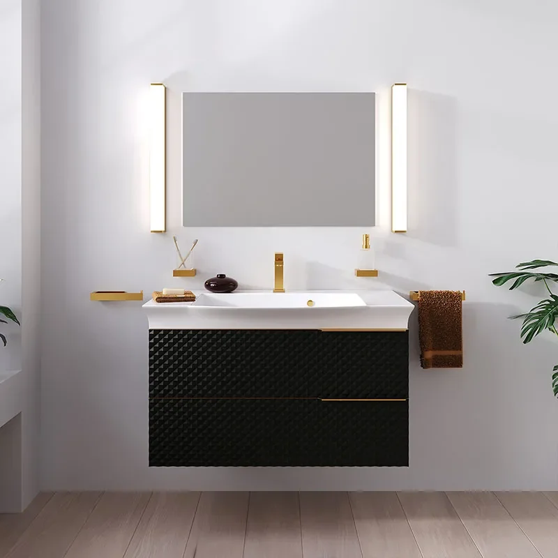 Elvia 950mm Black Vanity Unit with White Basin, Gold Handles