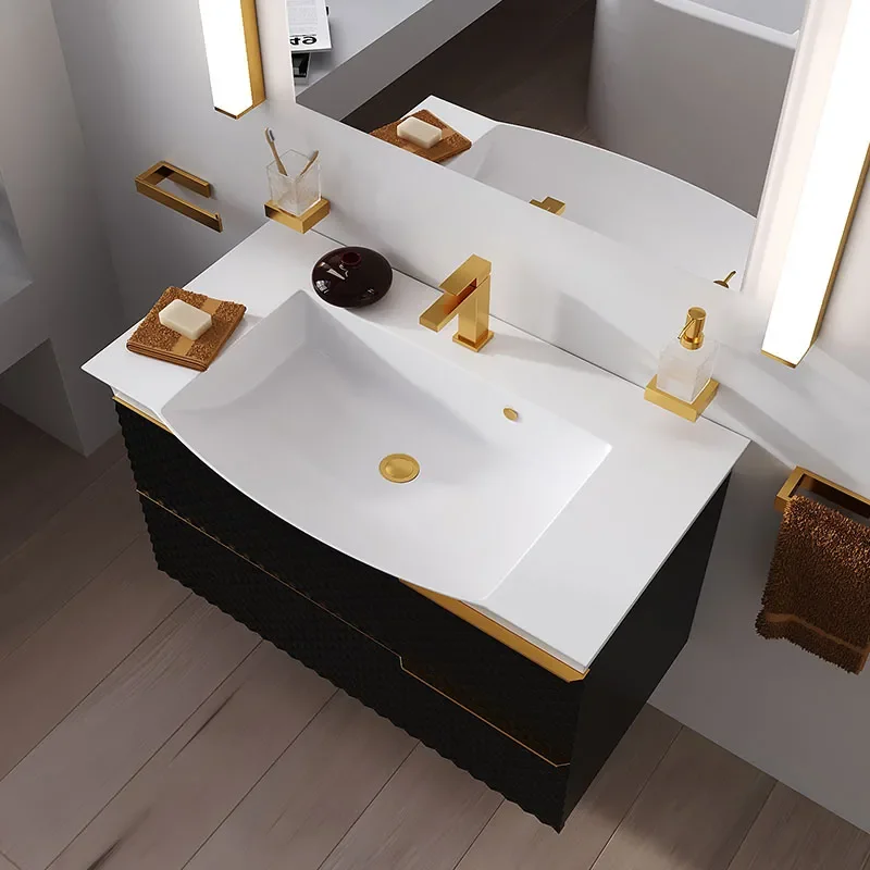 Elvia 950mm Black Vanity Unit with White Basin, Gold Handles