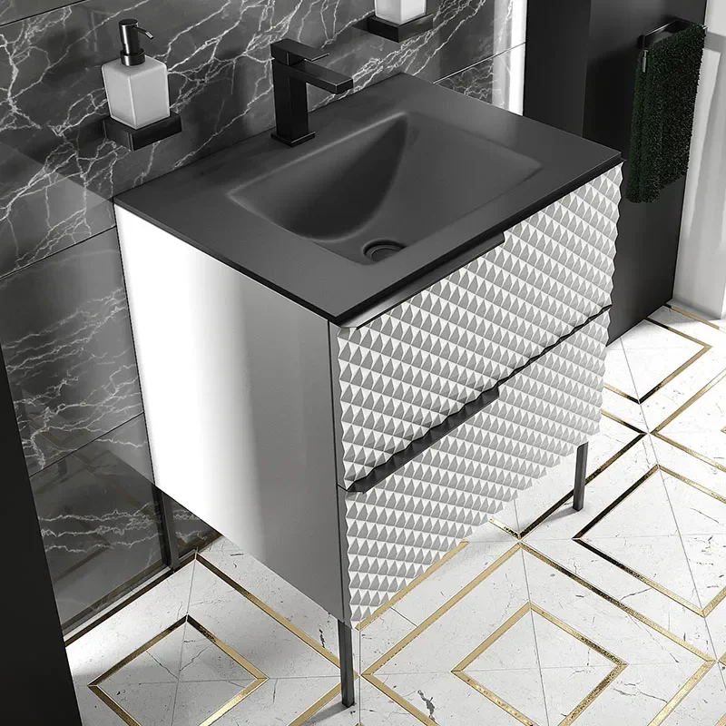 Elvia 600mm White Vanity Unit with Black Basin, Black Handles & Legs