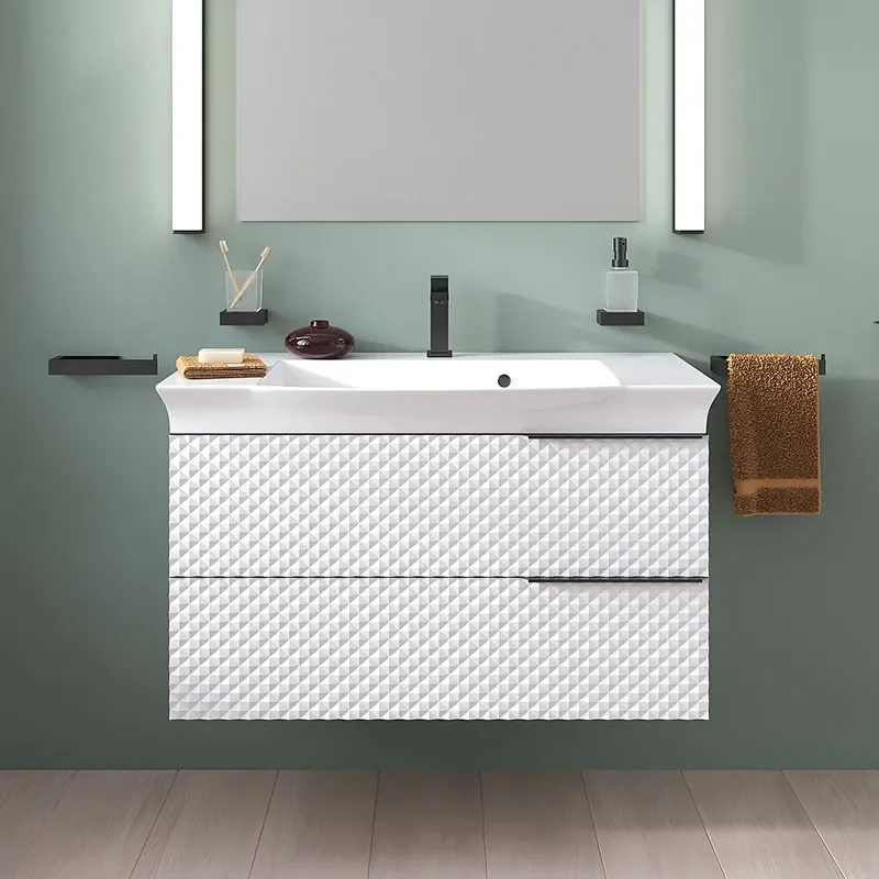 Elvia 950mm White Vanity Unit with White Basin, Black Handles