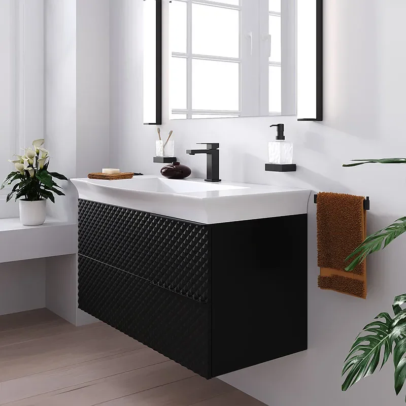Elvia 950mm Black Vanity Unit with White Basin, Black Handles