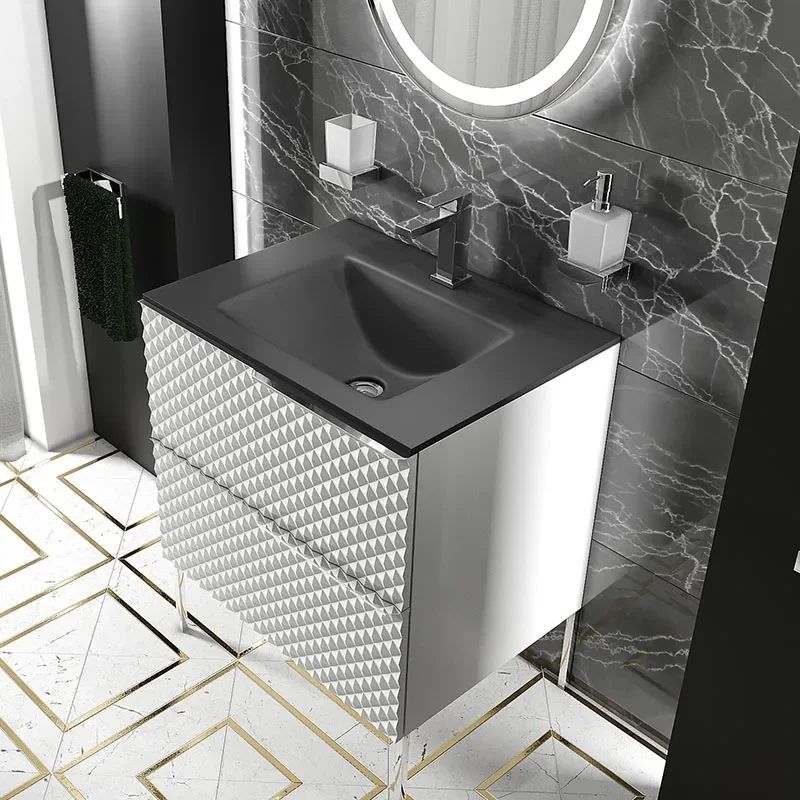 Elvia 600mm White Vanity Unit with Black Basin, Chrome Handles & Legs
