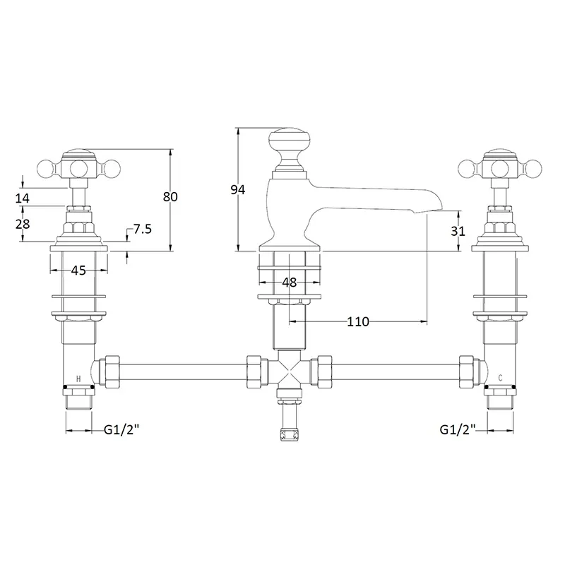 bayswater victrion chrome crosshead three hole basin mixer tap