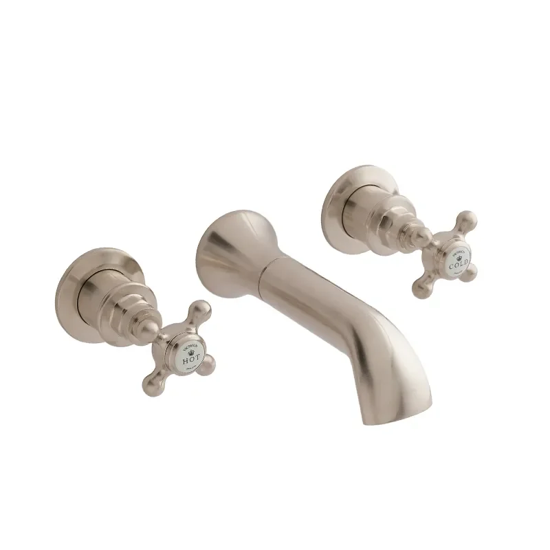 BC Designs victrion brushed nickel crosshead three hole wall bath filler tap with spout