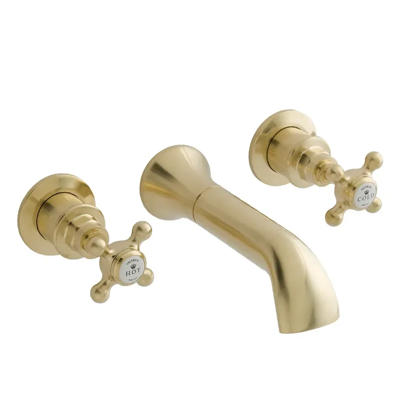 bayswater victrion brushed gold crosshead three hole wall bath filler tap with spout