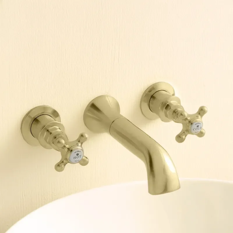 BC Designs victrion brushed gold crosshead three hole wall bath filler tap with spout