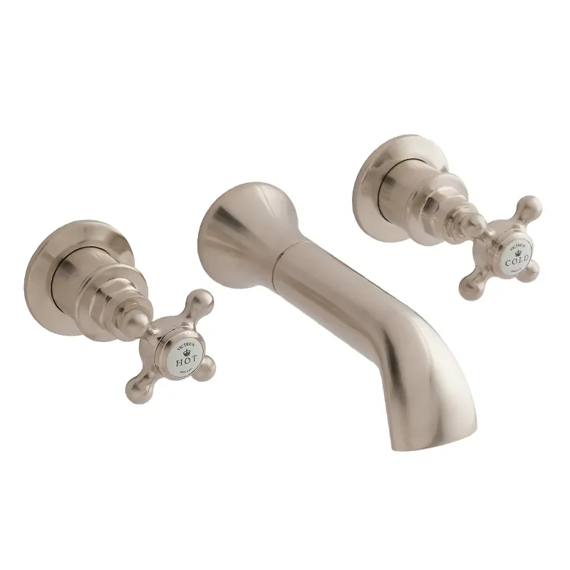 BC Designs victrion brushed nickel crosshead three hole wall basin filler tap with spout