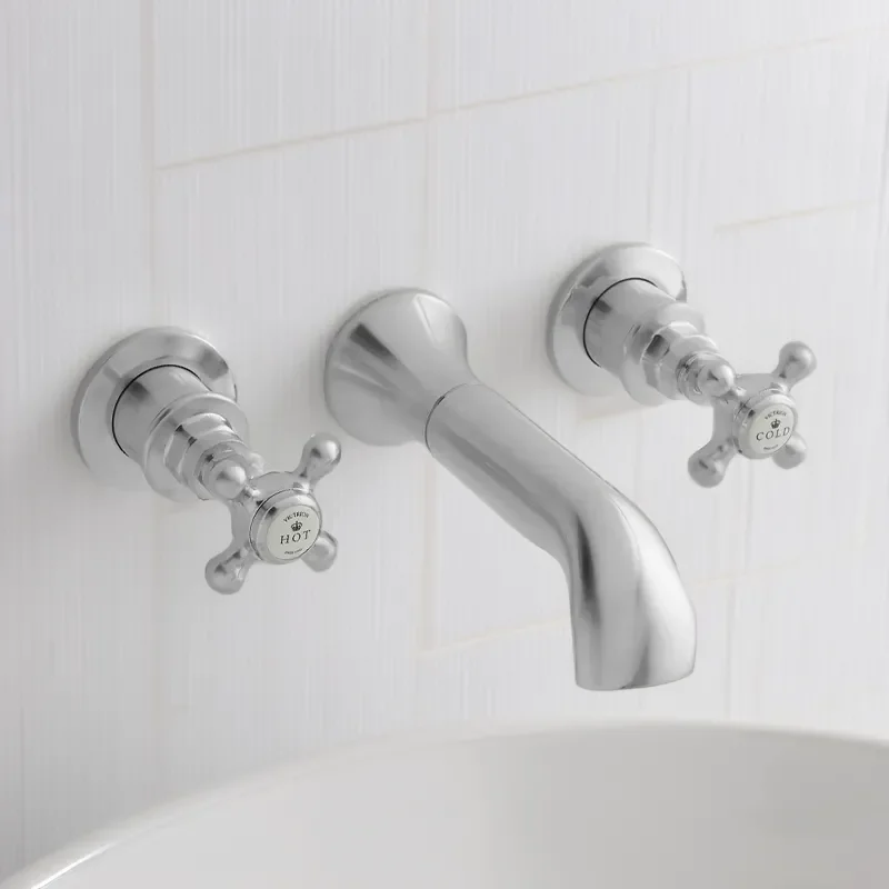 bayswater victrion brushed chrome crosshead three hole wall basin filler tap with spout