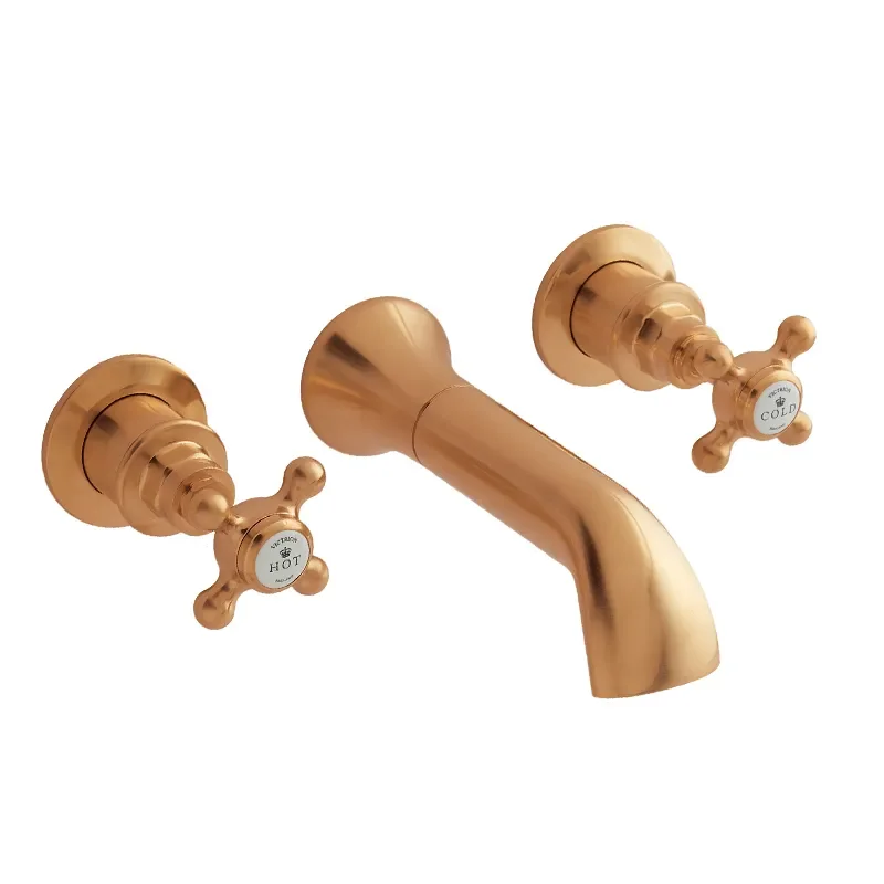 BC Designs victrion brushed copper crosshead three hole wall basin filler tap with spout