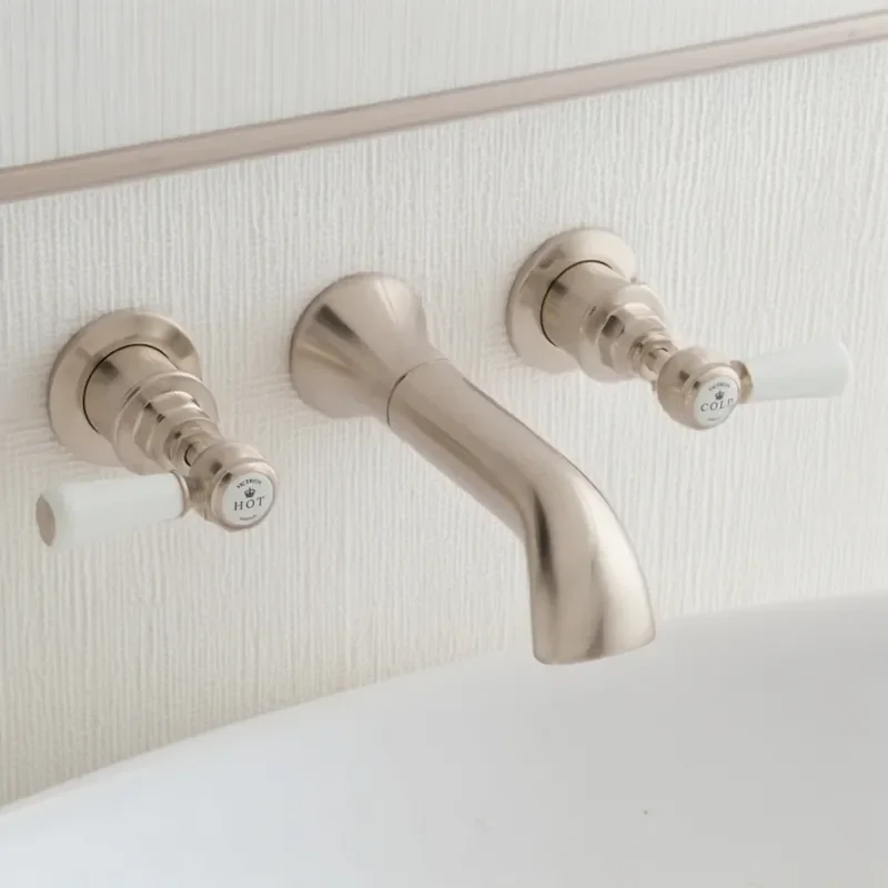 BC Designs victrion brushed nickel lever three hole wall bath filler tap with spout