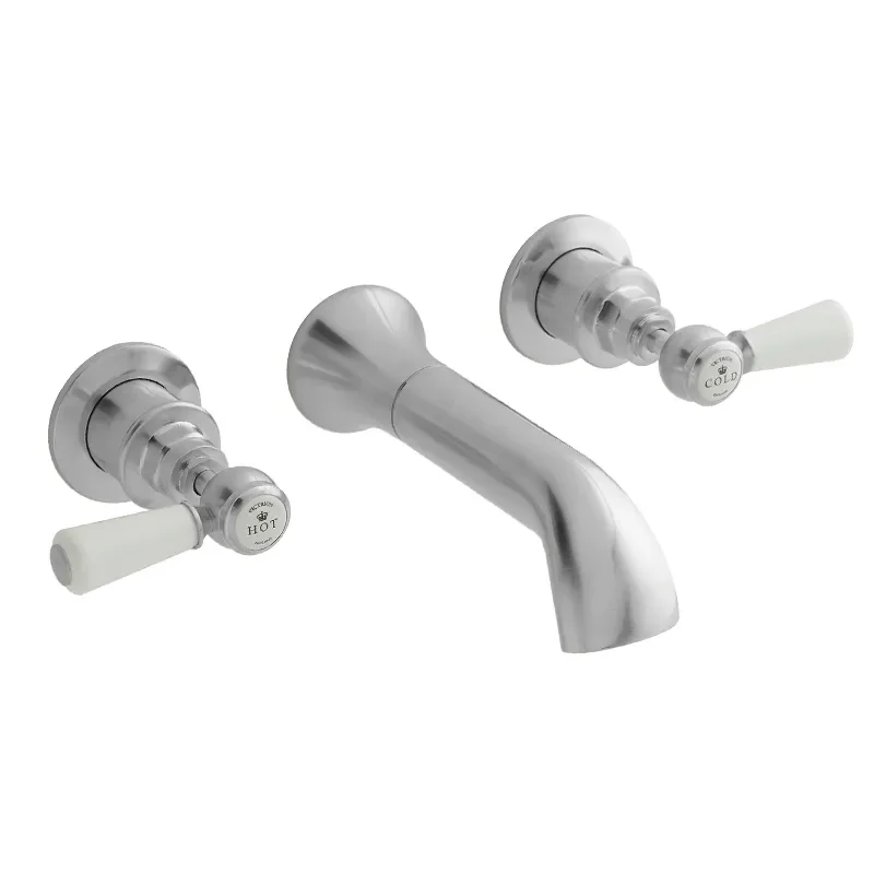BC Designs victrion brushed chrome lever three hole wall basin filler tap with spout
