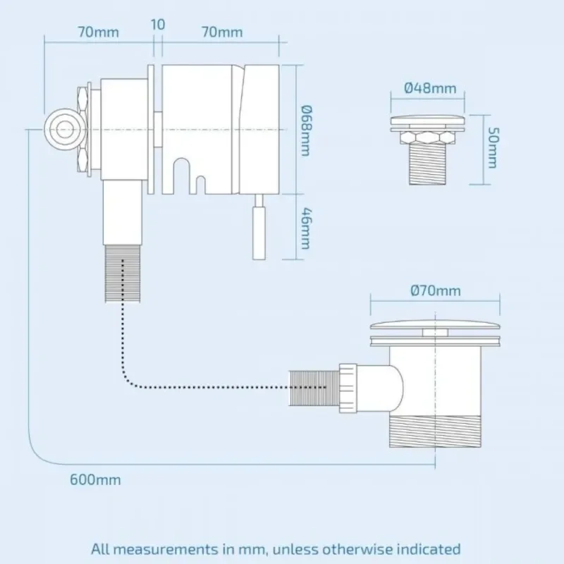 Line Drawing with Dimensions for Round Bath Overflow Filler with Waste & Valve