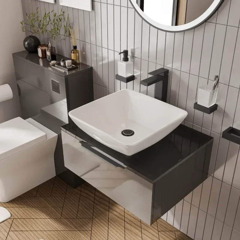 jivana small bath suite 600 grey sink cabinet wc toilet black