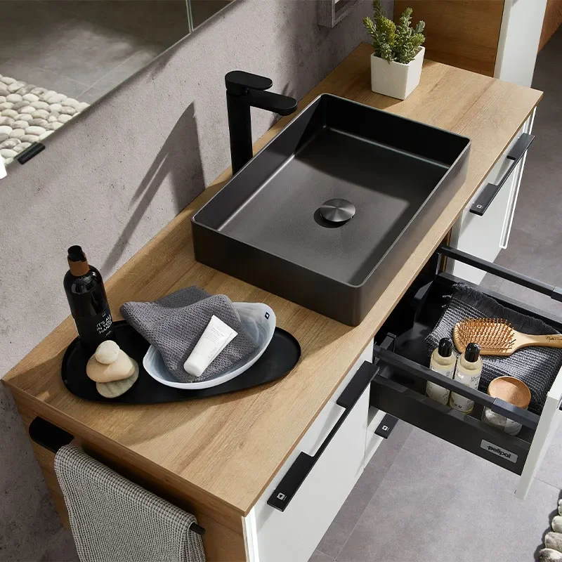 pelipal leonardo 1740mm vanity unit with sit-on basin, worktop & black handles | basin options